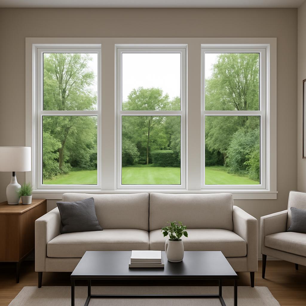 Lounge room interior view featuring two white couches before large-framed windows framing woods and grass.