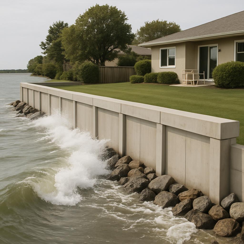 A beige stone wall borders rough ocean waves, in front of a brown, wooden fence, near a one-story tan house, under a cloud...