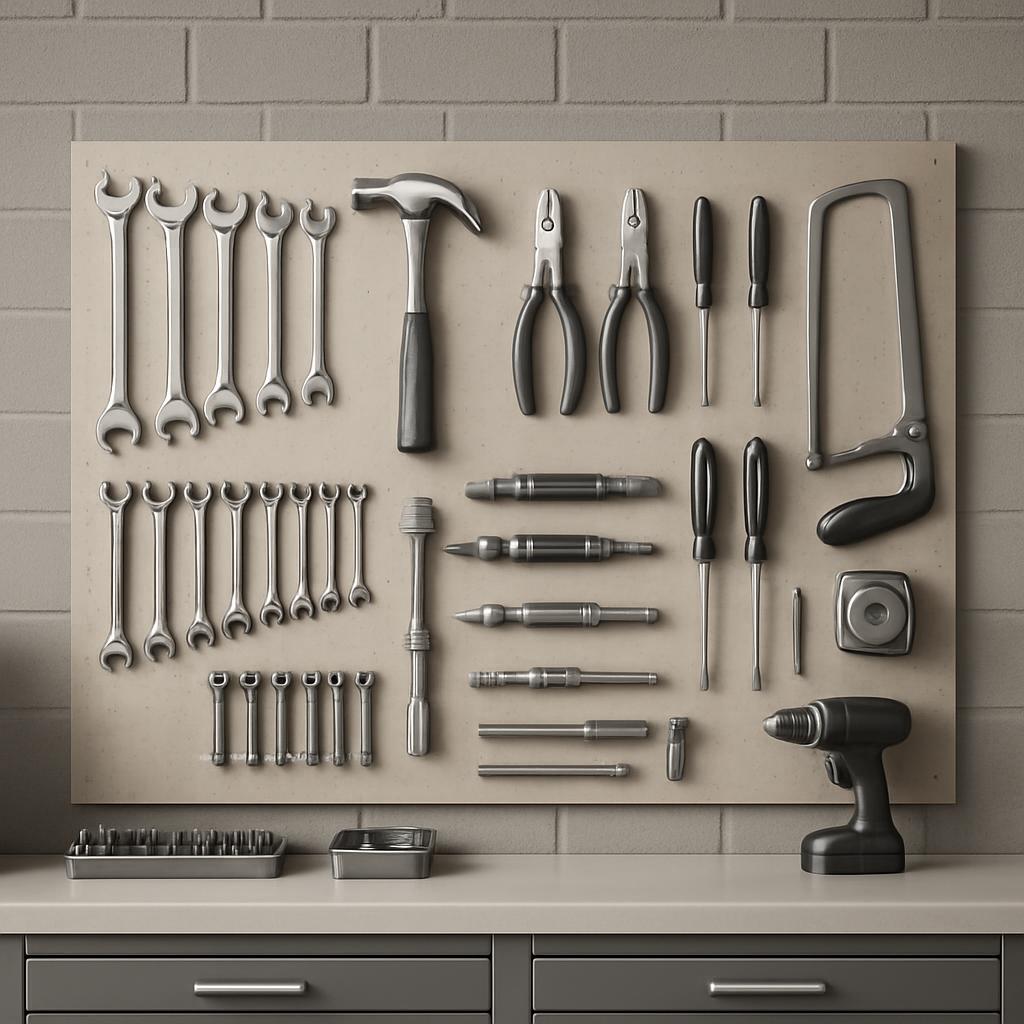 A collection of assorted tools neatly arranged on a board for easy identification and selection in a workshop setting.