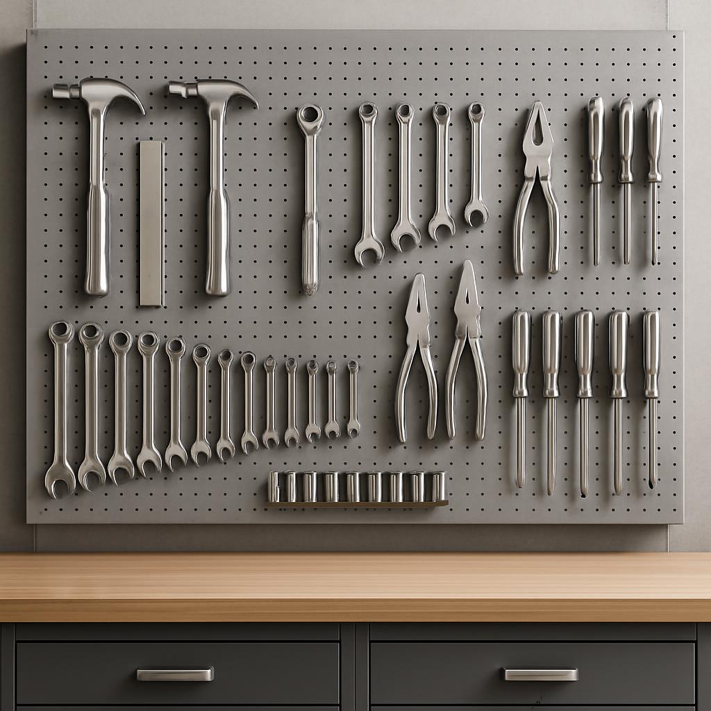 A pegboard with tools hanging on it, with drawers at the bottom.