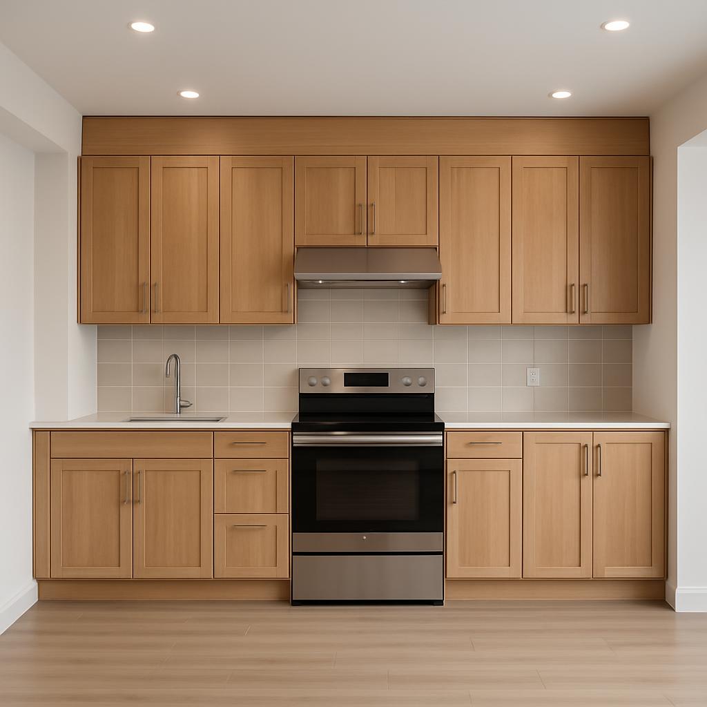 A modern kitchen featuring light wood cabinets and a stainless steel oven, accompanied by white countertops, a silver sink...